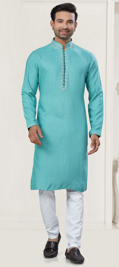 Blue color Kurta Pyjamas in Cotton fabric with Embroidered, Thread work
