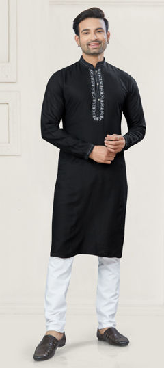 Black and Grey color Kurta Pyjamas in Cotton fabric with Embroidered, Thread work