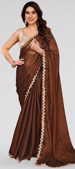 Beige and Brown color Saree in Art Silk fabric with Embroidered, Sequence, Thread work
