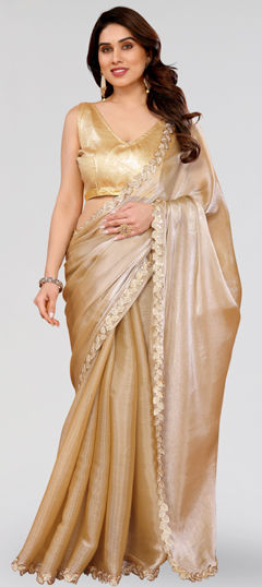 Beige and Brown color Saree in Art Silk fabric with Embroidered, Sequence, Thread work
