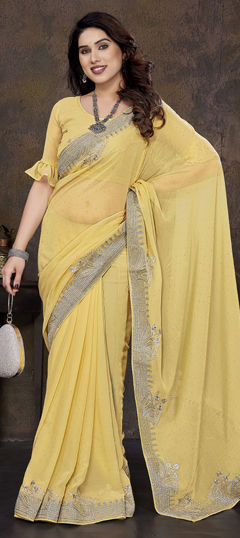Yellow color Saree in Faux Georgette fabric with Embroidered, Thread work