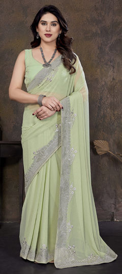 Green color Saree in Faux Georgette fabric with Embroidered, Thread work
