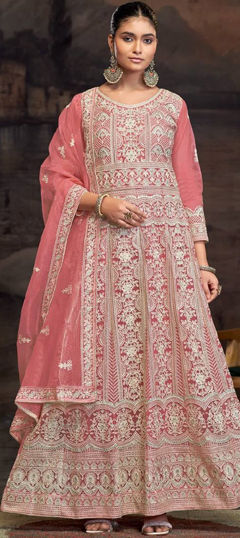 Pink and Majenta color Salwar Kameez in Net fabric with Embroidered, Resham, Thread work