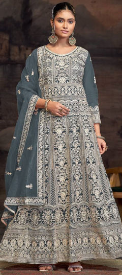 Black and Grey color Salwar Kameez in Net fabric with Embroidered, Resham, Thread work