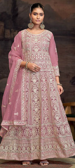 Pink and Majenta color Salwar Kameez in Net fabric with Embroidered, Resham, Thread work
