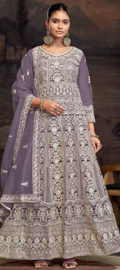 Purple and Violet color Salwar Kameez in Net fabric with Embroidered, Resham, Thread work