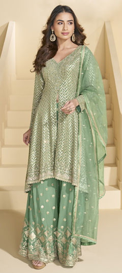 Green color Salwar Kameez in Georgette fabric with Embroidered, Swarovski, Thread work