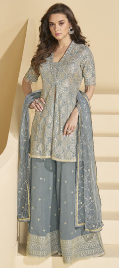 Black and Grey color Salwar Kameez in Georgette fabric with Embroidered, Swarovski, Thread work