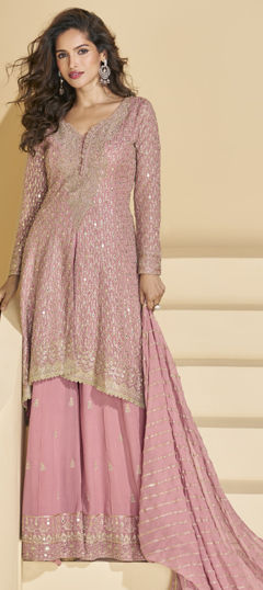 Pink and Majenta color Salwar Kameez in Georgette fabric with Embroidered, Swarovski, Thread work