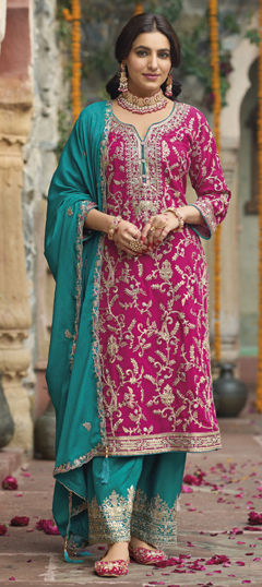 Pink and Majenta color Salwar Kameez in Art Silk fabric with Embroidered, Sequence, Thread work
