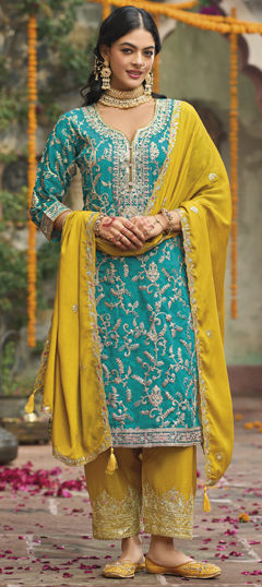 Blue color Salwar Kameez in Art Silk fabric with Embroidered, Sequence, Thread work