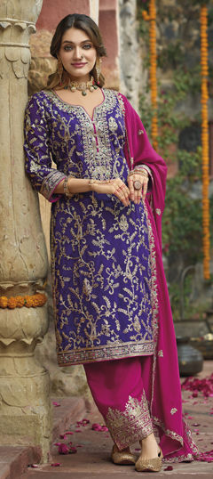 Purple and Violet color Salwar Kameez in Art Silk fabric with Embroidered, Sequence, Thread work