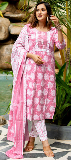 Pink and Majenta color Salwar Kameez in Cotton fabric with Block Print, Embroidered, Sequence, Thread work