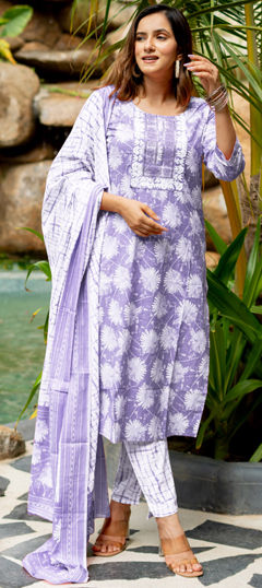 Purple and Violet color Salwar Kameez in Cotton fabric with Block Print, Embroidered, Sequence, Thread work