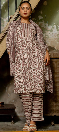 Beige and Brown color Salwar Kameez in Cotton fabric with Gota Patti, Printed, Sequence, Thread work