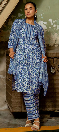 Blue color Salwar Kameez in Cotton fabric with Gota Patti, Printed, Sequence, Thread work
