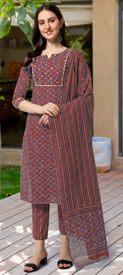 Red and Maroon color Salwar Kameez in Cotton fabric with Gota Patti, Printed, Sequence work