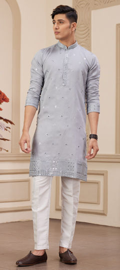 Black and Grey color Kurta Pyjamas in Art Silk fabric with Embroidered, Sequence, Thread work