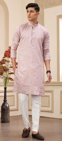 Pink and Majenta color Kurta Pyjamas in Art Silk fabric with Embroidered, Sequence, Thread work