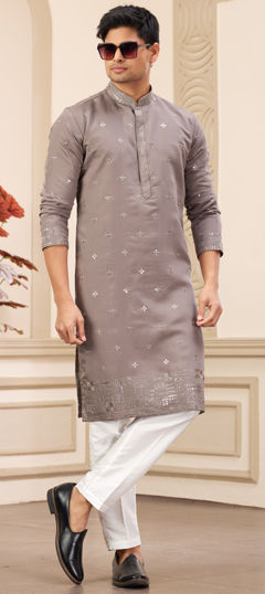 Beige and Brown color Kurta Pyjamas in Art Silk fabric with Embroidered, Sequence, Thread work