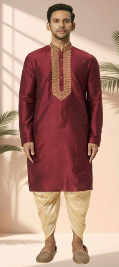 Red and Maroon color Dhoti Kurta in Silk cotton fabric with Embroidered, Thread work