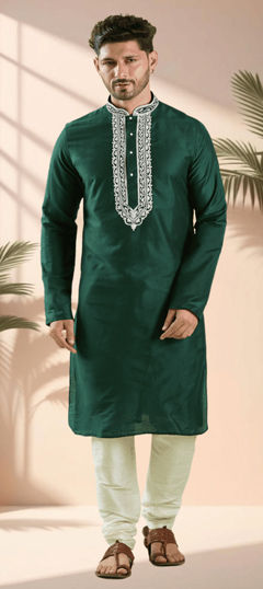 Green color Kurta Pyjamas in Silk cotton fabric with Embroidered, Thread work