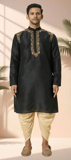 Black and Grey color Dhoti Kurta in Art Silk fabric with Embroidered, Thread work