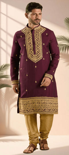 Purple and Violet color Kurta Pyjamas in Silk cotton fabric with Embroidered, Thread work