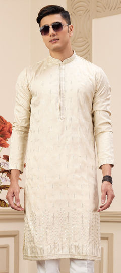Beige and Brown color Kurta in Art Silk fabric with Embroidered, Resham, Sequence work