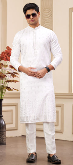 White and Off White color Kurta Pyjamas in Art Silk fabric with Embroidered, Resham, Sequence work