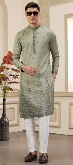 Green color Kurta Pyjamas in Art Silk fabric with Embroidered, Resham, Sequence work