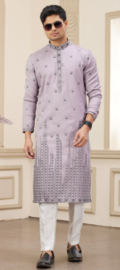 Purple and Violet color Kurta Pyjamas in Art Silk fabric with Embroidered, Resham, Sequence work