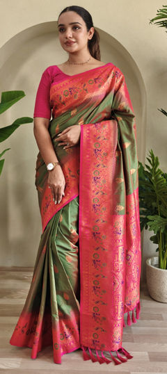 Green, Pink and Majenta color Saree in Silk fabric with Weaving, Zari work