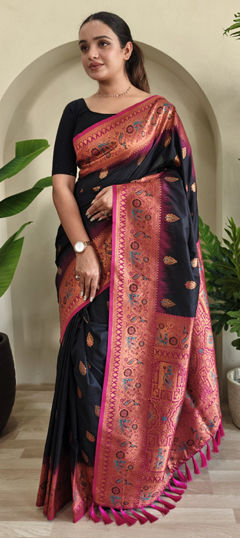 Black and Grey color Saree in Silk fabric with Weaving, Zari work