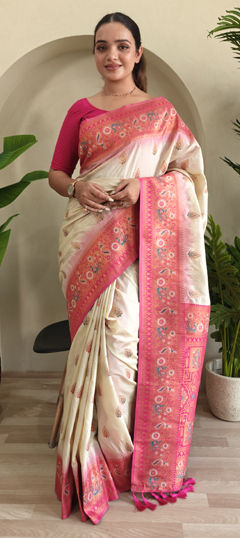 White and Off White color Saree in Silk fabric with Weaving, Zari work