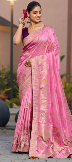 Pink and Majenta color Saree in Silk fabric with Stone, Weaving work