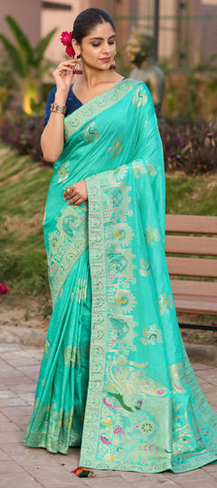 Blue color Saree in Silk fabric with Stone, Weaving work