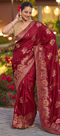 Red and Maroon color Saree in Silk fabric with Stone, Weaving work