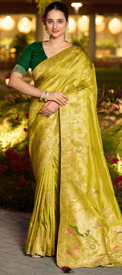 Yellow color Saree in Silk fabric with Stone, Weaving work