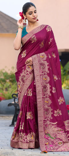Red and Maroon color Saree in Silk fabric with Stone, Weaving work