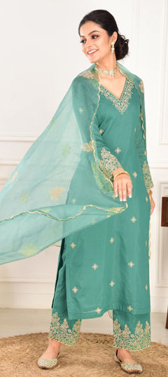 Green color Salwar Kameez in Chanderi Silk, Viscose fabric with Embroidered work