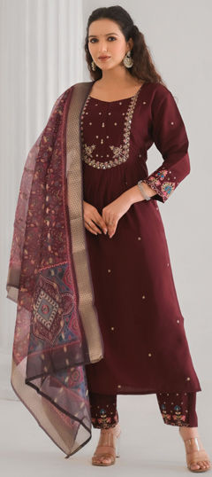Beige and Brown color Salwar Kameez in Viscose fabric with Embroidered, Thread work