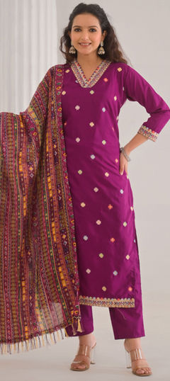 Purple and Violet color Salwar Kameez in Viscose fabric with Embroidered, Thread work