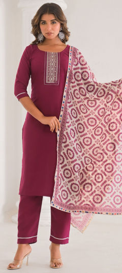 Purple and Violet color Salwar Kameez in Viscose fabric with Embroidered, Thread work
