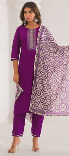 Purple and Violet color Salwar Kameez in Viscose fabric with Embroidered, Thread work