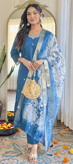 Blue color Salwar Kameez in Art Silk fabric with Embroidered, Thread work