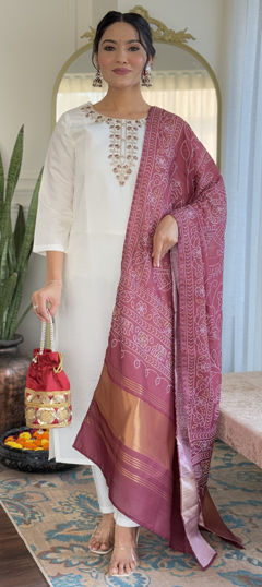 White and Off White color Salwar Kameez in Art Silk fabric with Embroidered, Thread work