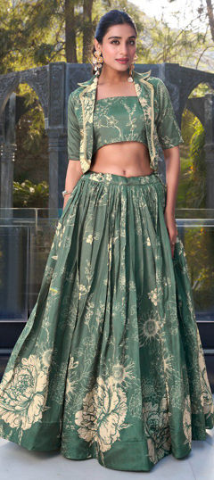 Green color Ready to Wear Lehenga in Tussar Silk fabric with Floral, Printed work