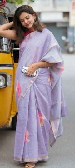 Purple and Violet color Saree in Linen fabric with Floral, Printed work