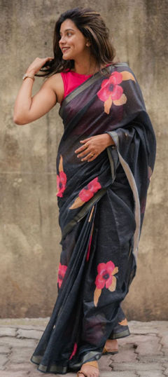 Black and Grey color Saree in Linen fabric with Floral, Printed work